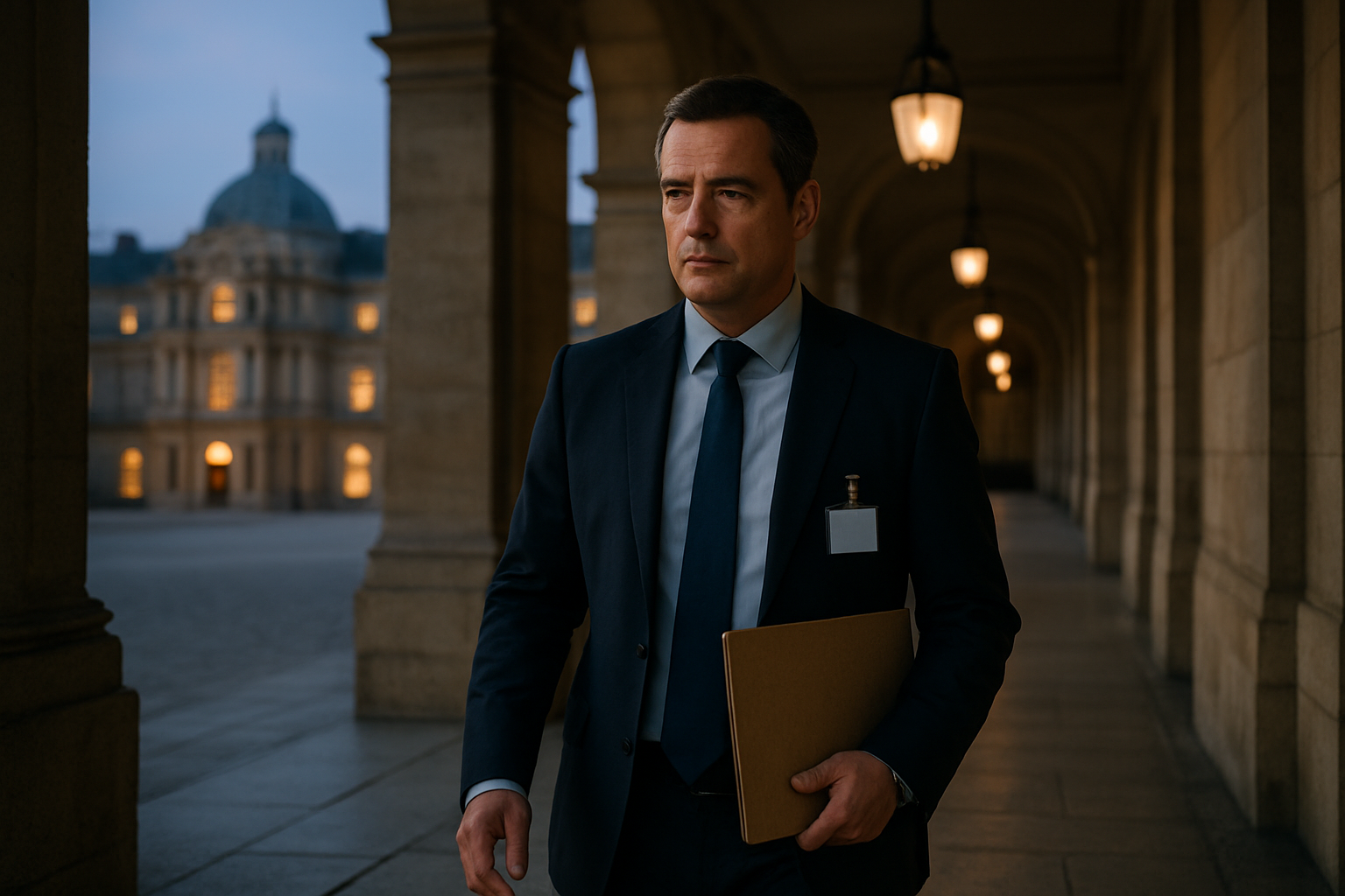 Sénateur quittant le Palais du Luxembourg, dossiers et badge à la main, lumière de fin d’après-midi