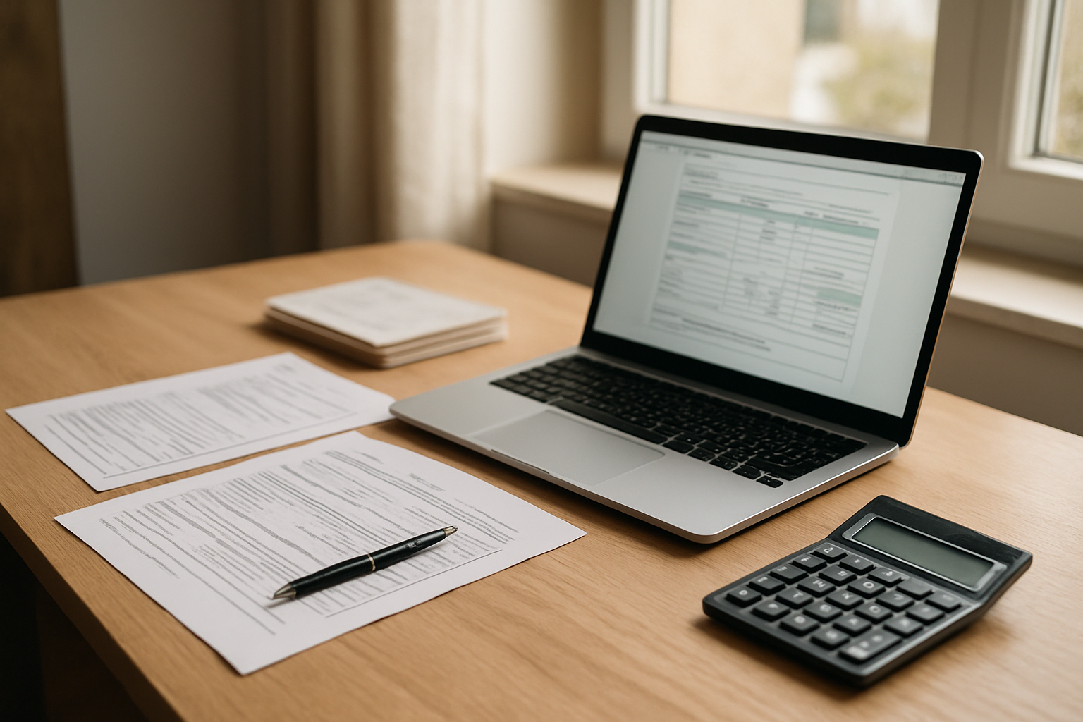 Documents administratifs et calculs de retraite sur une table, ordinateur portable ouvert, ambiance bureau à la lumière du matin